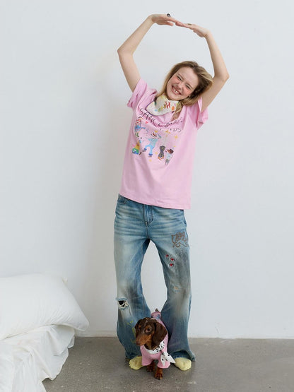 sancco house White Pink Cute Print Crew Neck Women&
