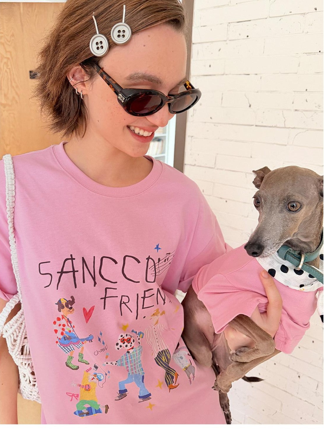 sancco house White Pink Cute Print Crew Neck Women&