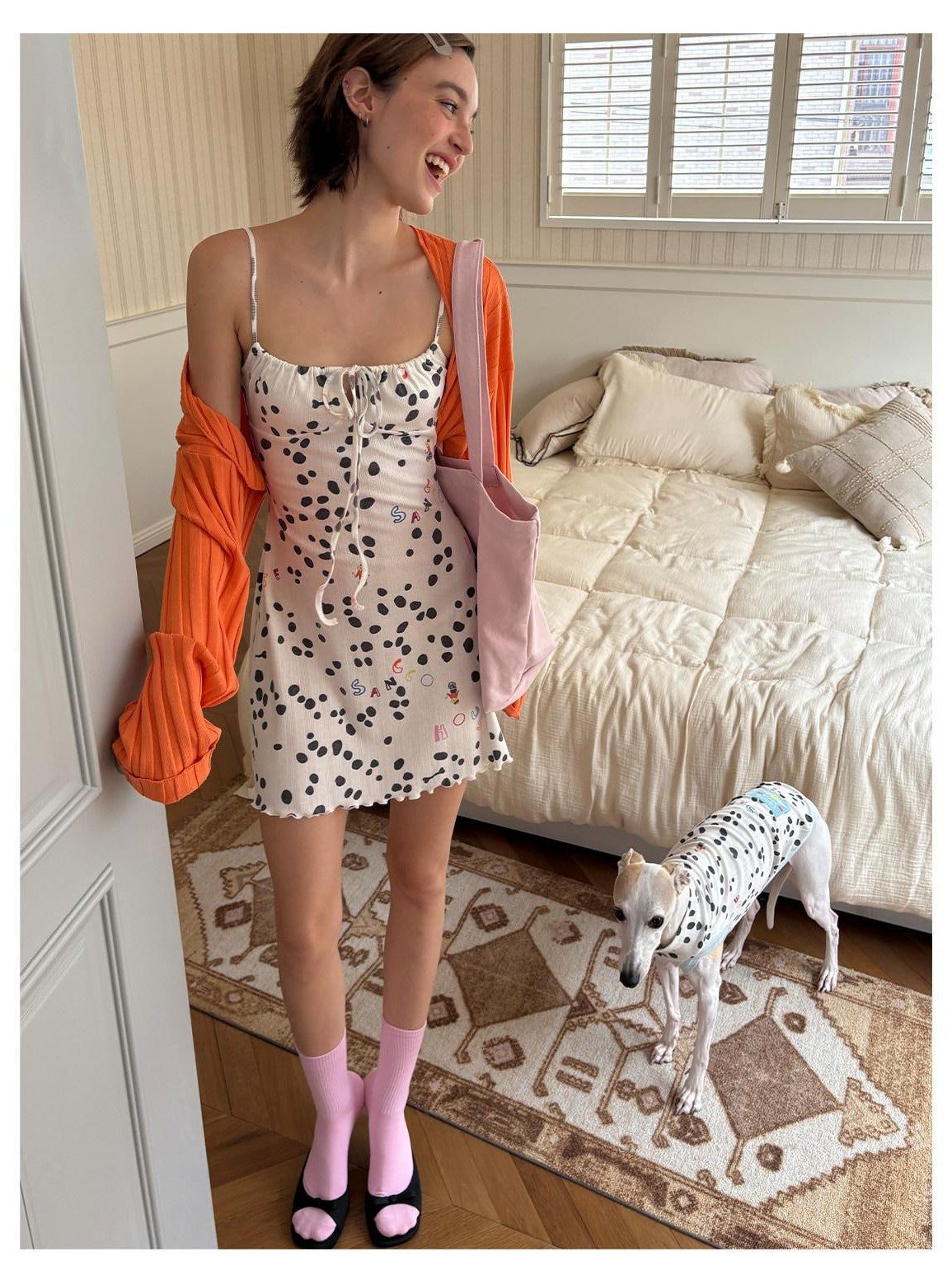sancco house White Polka Dot Print Jacquard Knit Women&