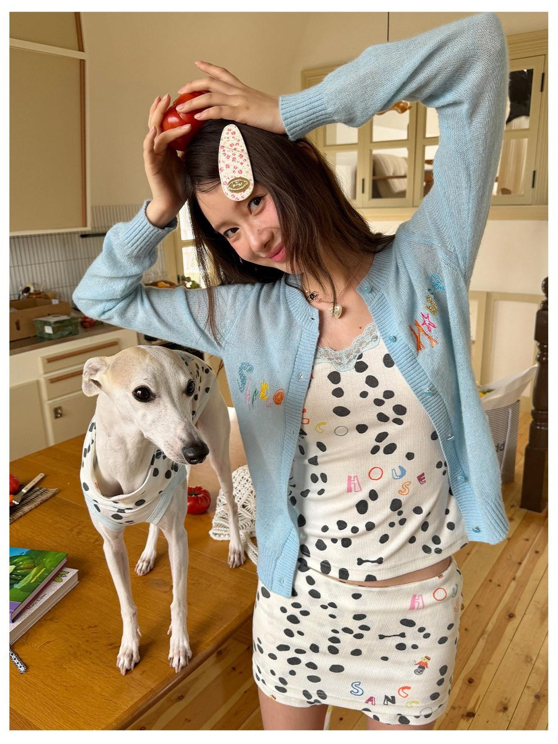 sancco house White Polka Dot Print Jacquard Knit Women&