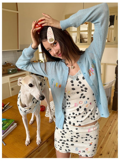 sancco house White Polka Dot Print Jacquard Knit Women&