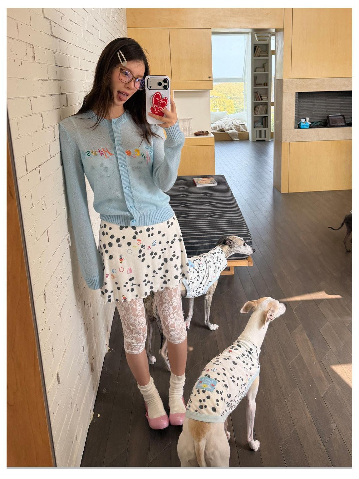 sancco house White Polka Dot Print Jacquard Knit Women&
