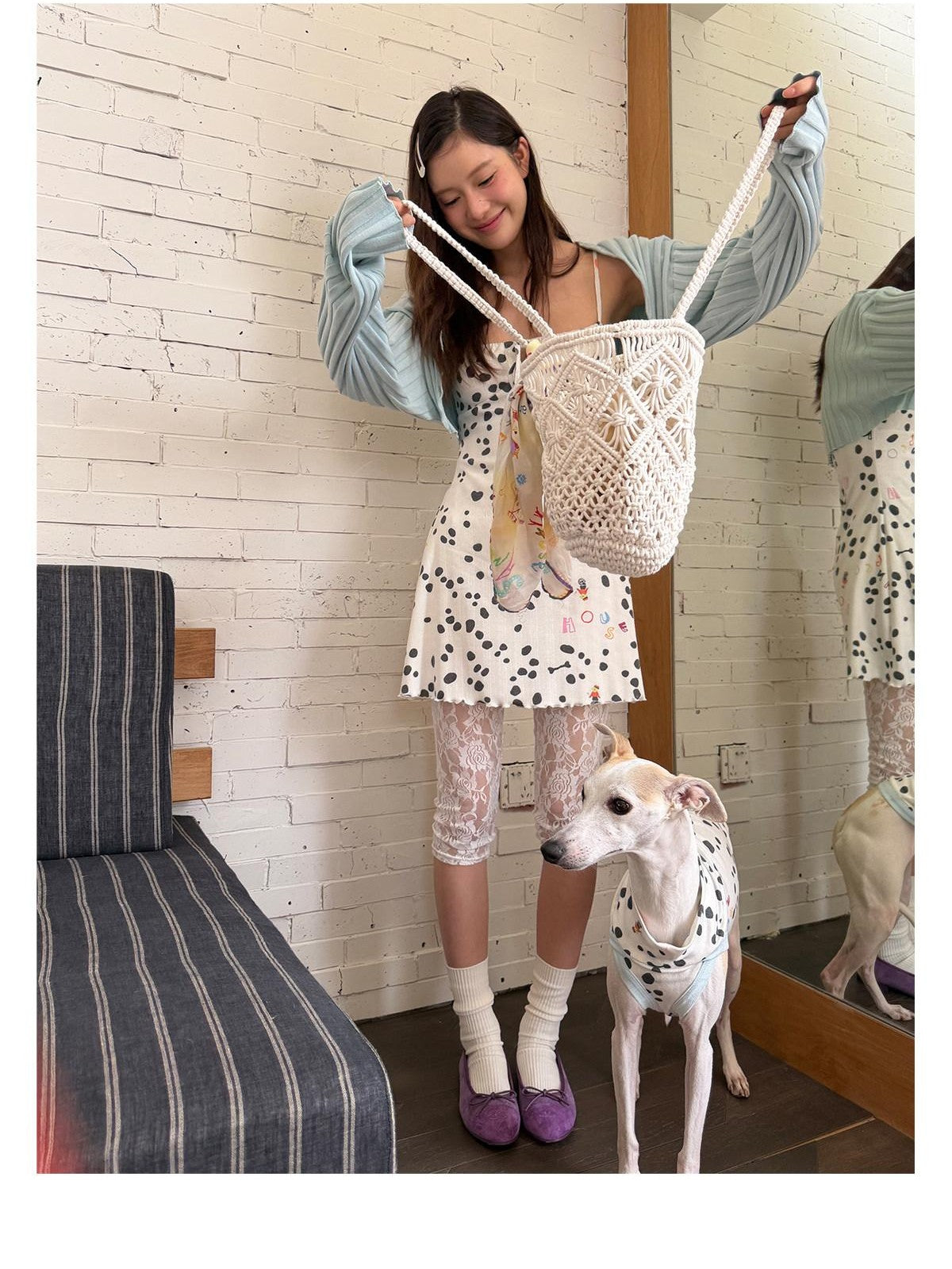 sancco house White Polka Dot Print Jacquard Knit Women&
