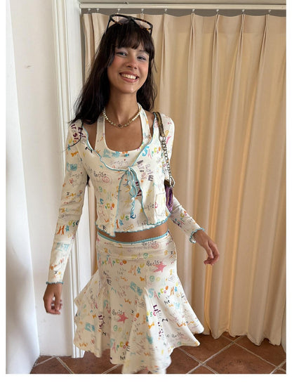 sancco house White Printed Wavy Hem Slim Cardigan Camisole Cotton Women&