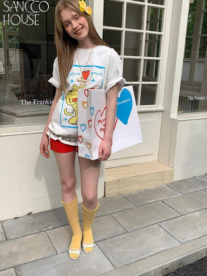 sancco house White Snake And Dog Print Loose Round Neck Women&