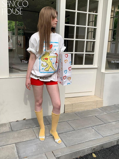 sancco house White Snake And Dog Print Loose Round Neck Women&