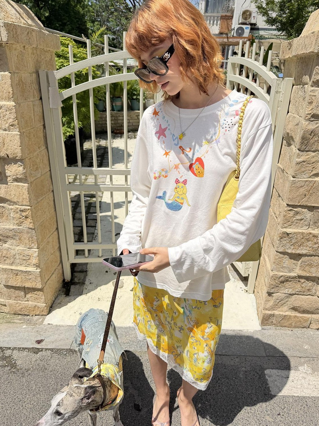 sancco house Yellow Graffiti Print Lace Mid Waist Loose Women&