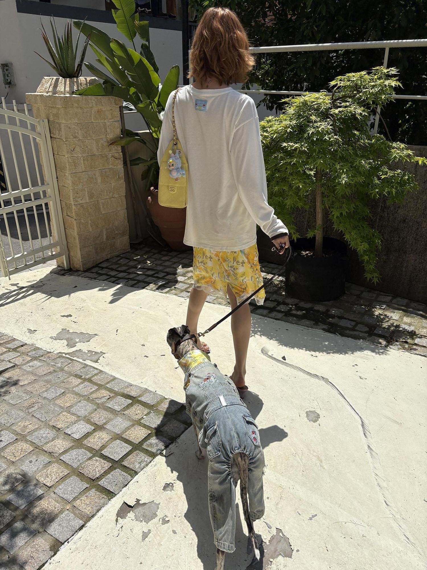 sancco house Yellow Graffiti Print Lace Mid Waist Loose Women&