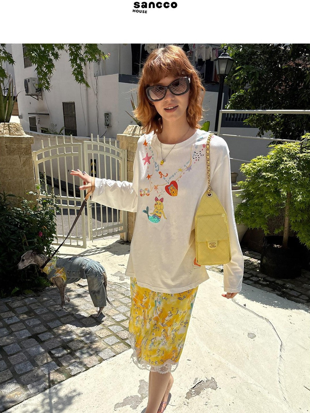 sancco house Yellow Graffiti Print Lace Mid Waist Loose Women&