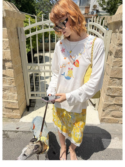 sancco house Yellow Graffiti Print Lace Mid Waist Women&