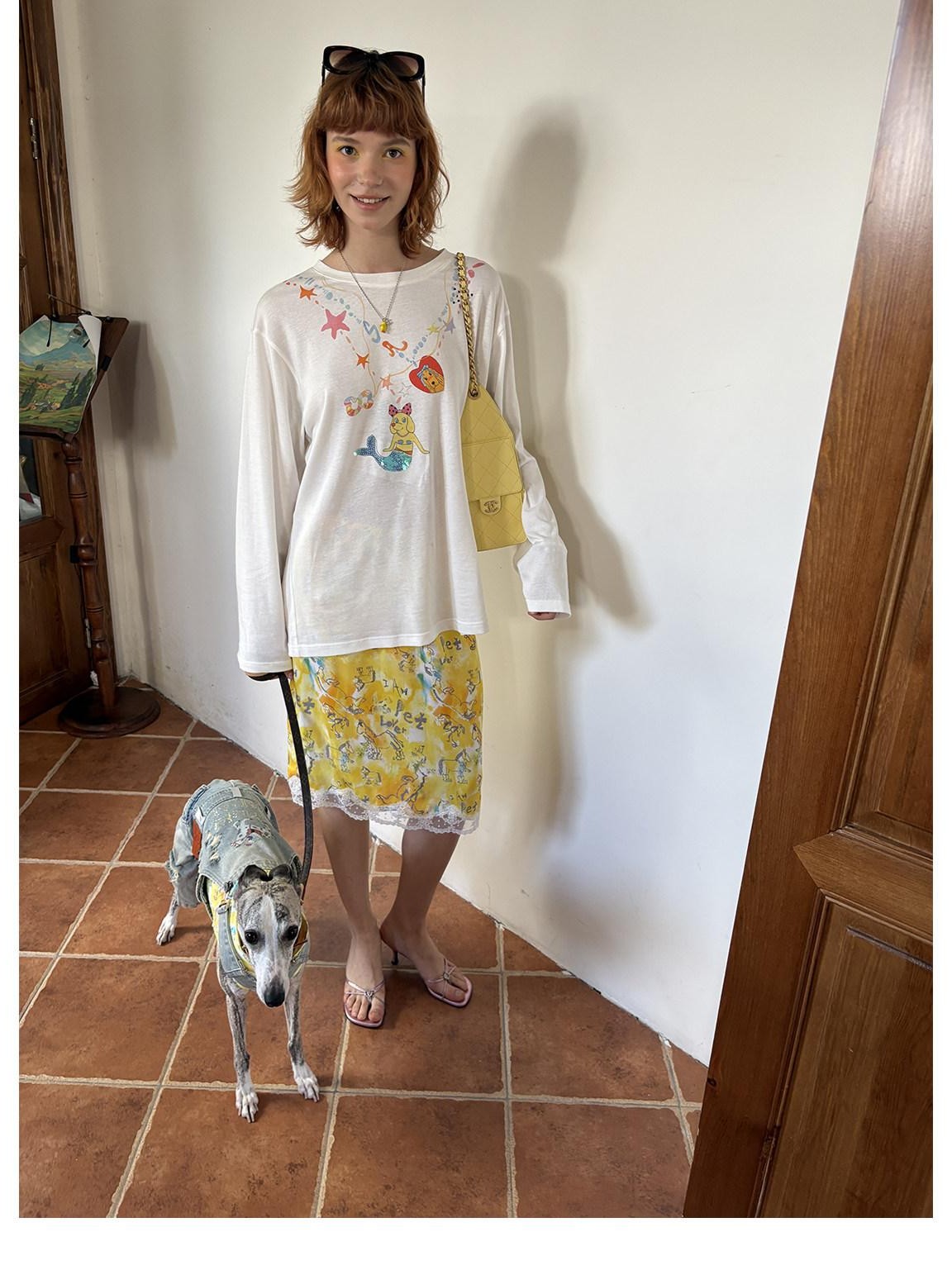 sancco house Yellow Graffiti Print Lace Mid Waist Women&