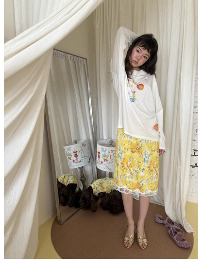sancco house Yellow Graffiti Print Lace Mid Waist Women&