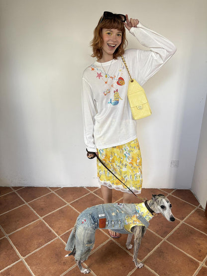 sancco house Yellow Graffiti Print Lace Mid Waist Women&