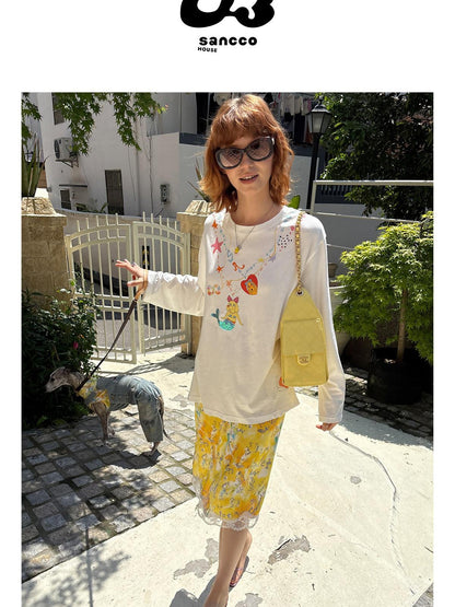 sancco house Yellow Graffiti Print Lace Mid Waist Women&