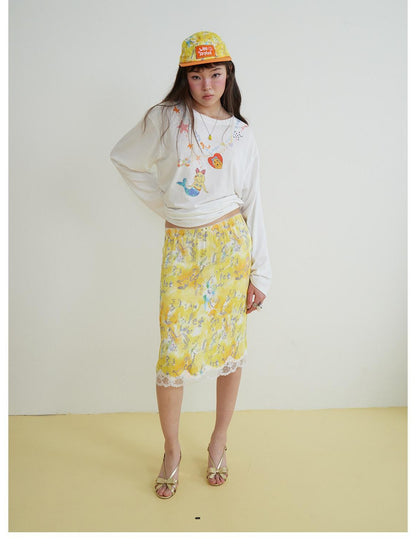 sancco house Yellow Graffiti Print Lace Mid Waist Women&