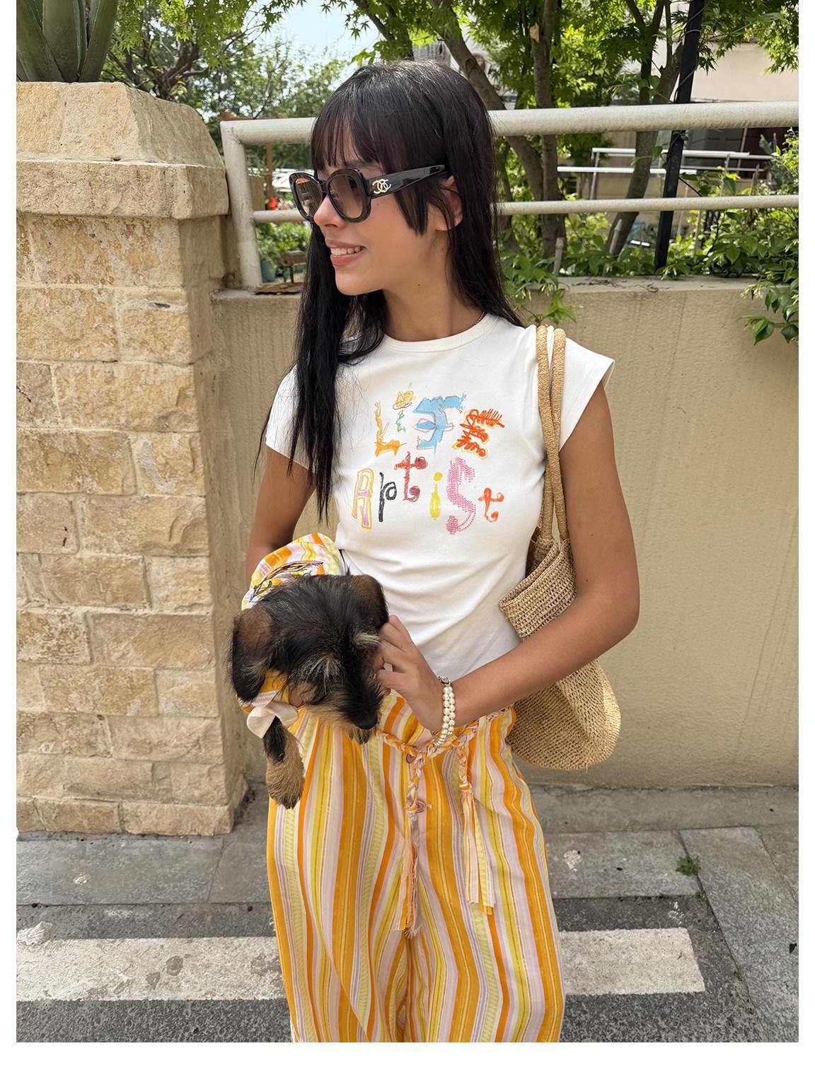 sancco house Yellow Handpainted Graffiti Letter Slim Fit Women&