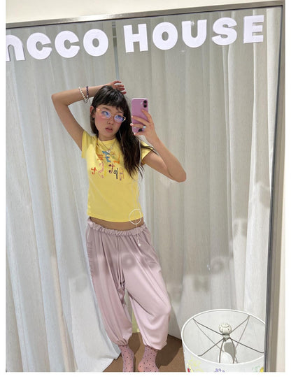 sancco house Yellow Handpainted Graffiti Letter Slim Fit Women&