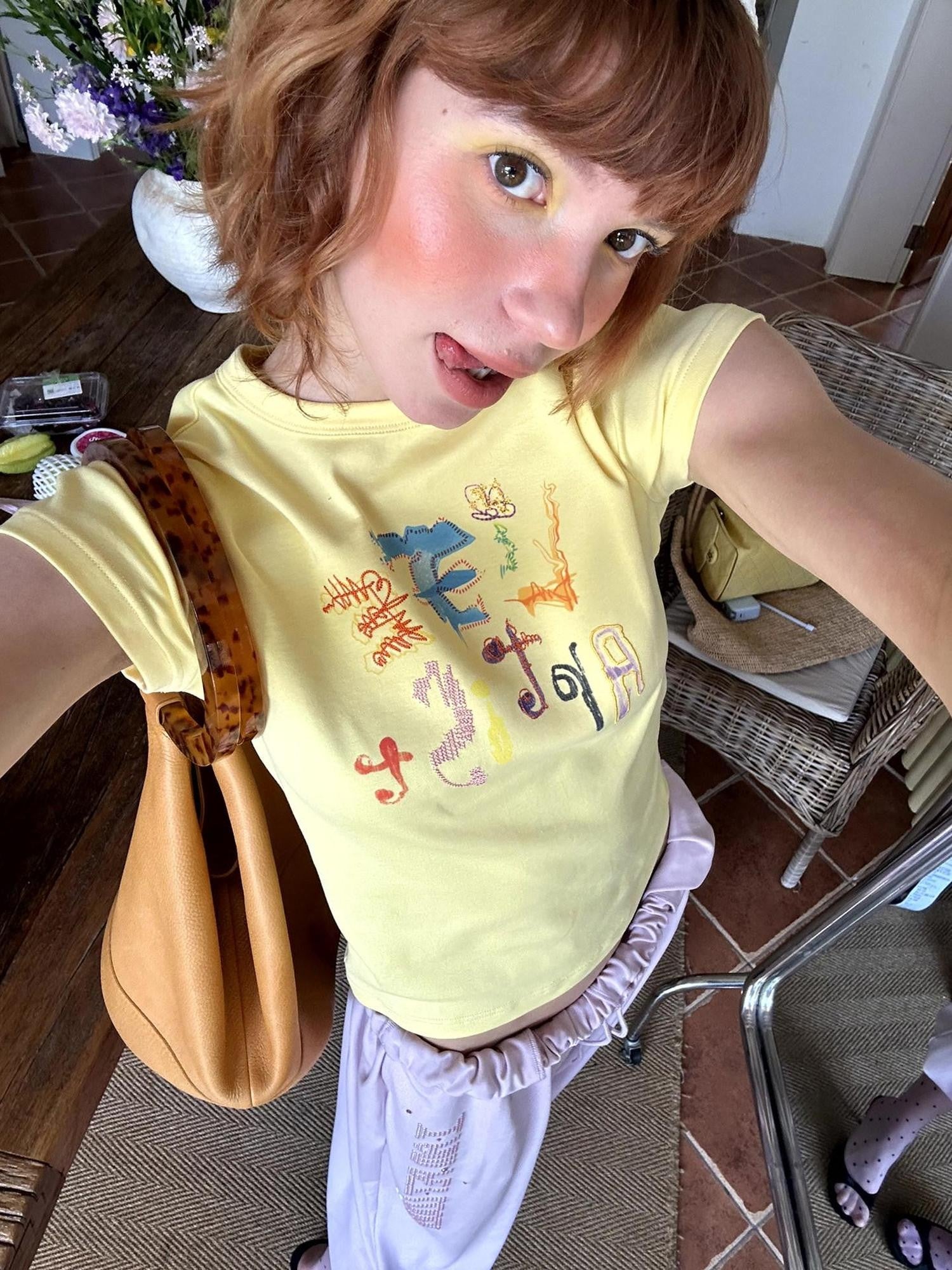 sancco house Yellow Handpainted Graffiti Letter Slim Fit Women&