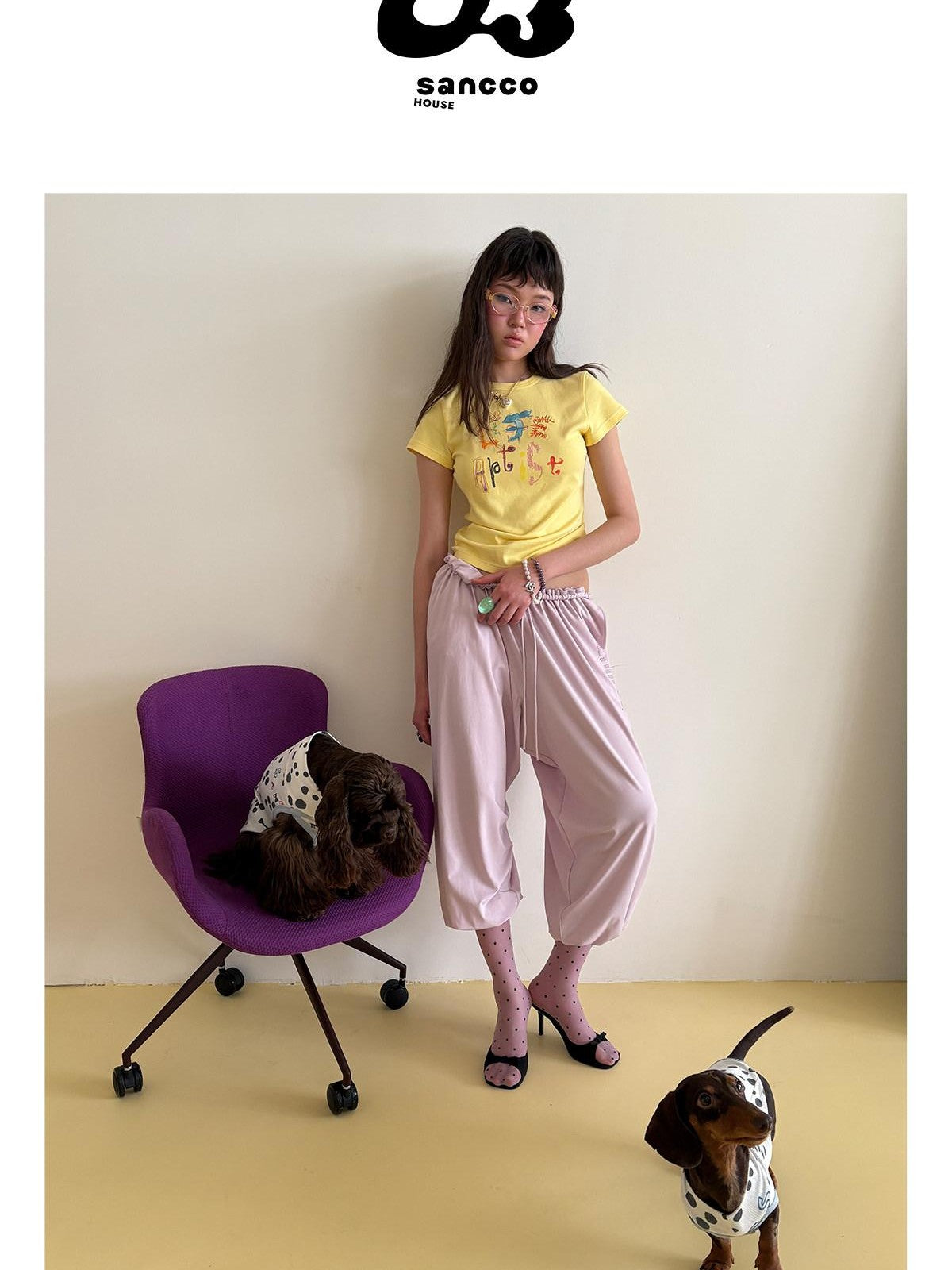sancco house Yellow Handpainted Graffiti Letter Slim Fit Women&