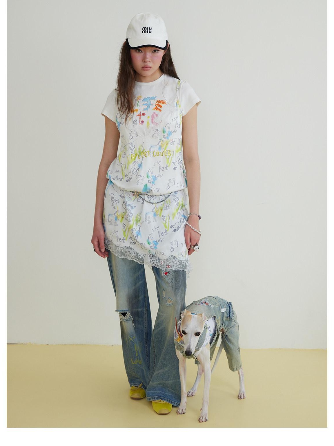 sancco house Yellow Handpainted Graffiti Letter Slim Fit Women&