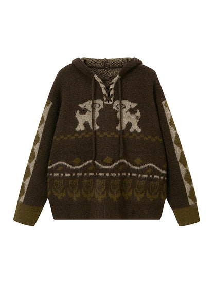 DIDDI MODA Vintage Fair Isle Hooded Knit Sweater
