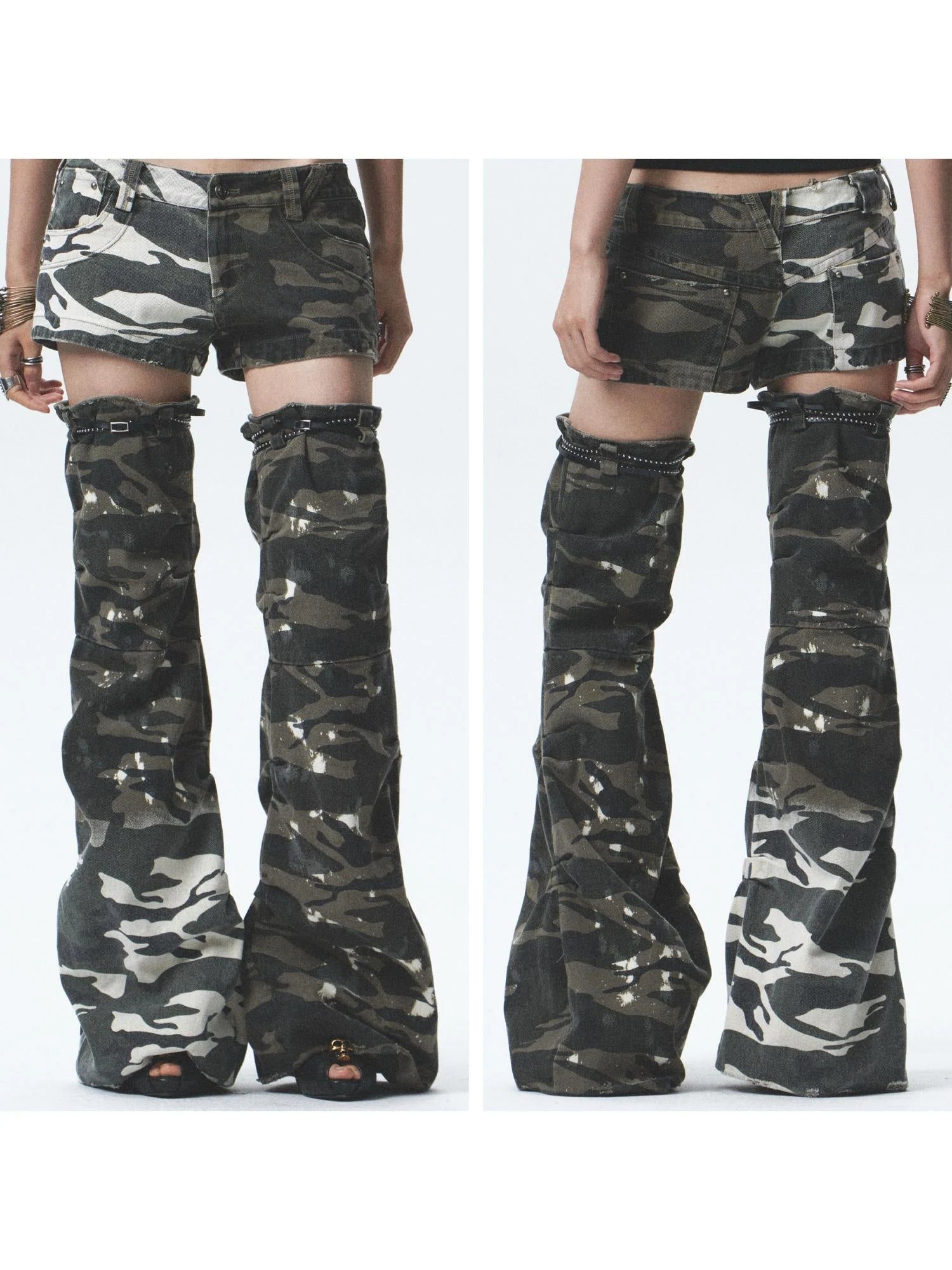 Heavy Duty Washed Camo Leg Sleeves Low Rise Distressed Shorts Set