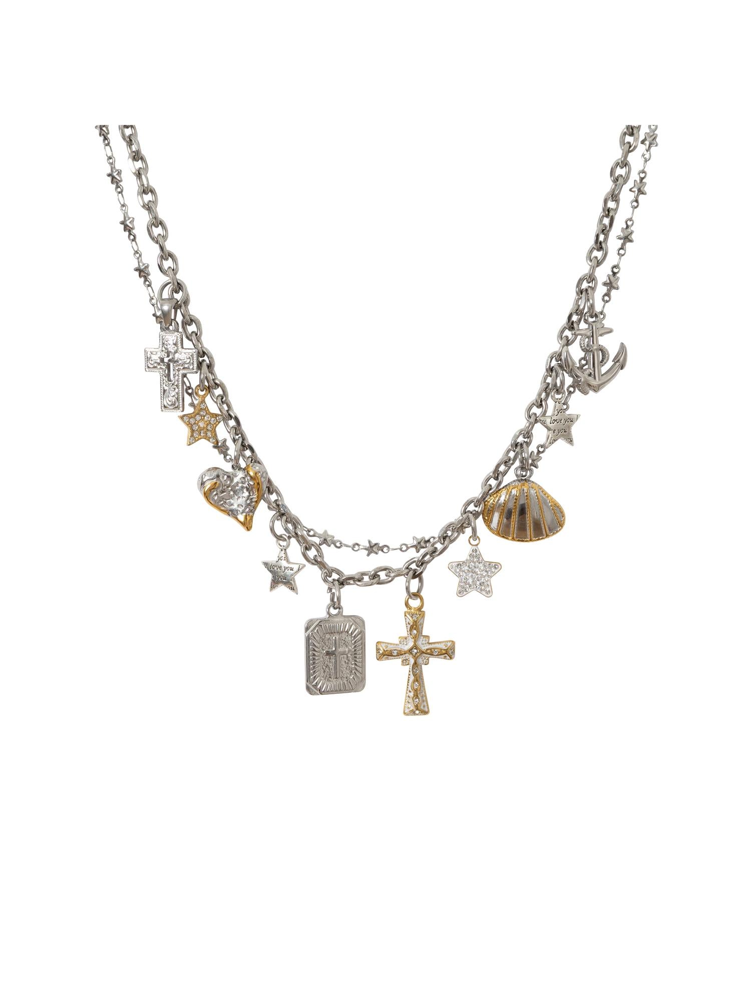 NO ROMANCE Punk Retro Cross Layered Necklace With Heart &amp; Rhinestones