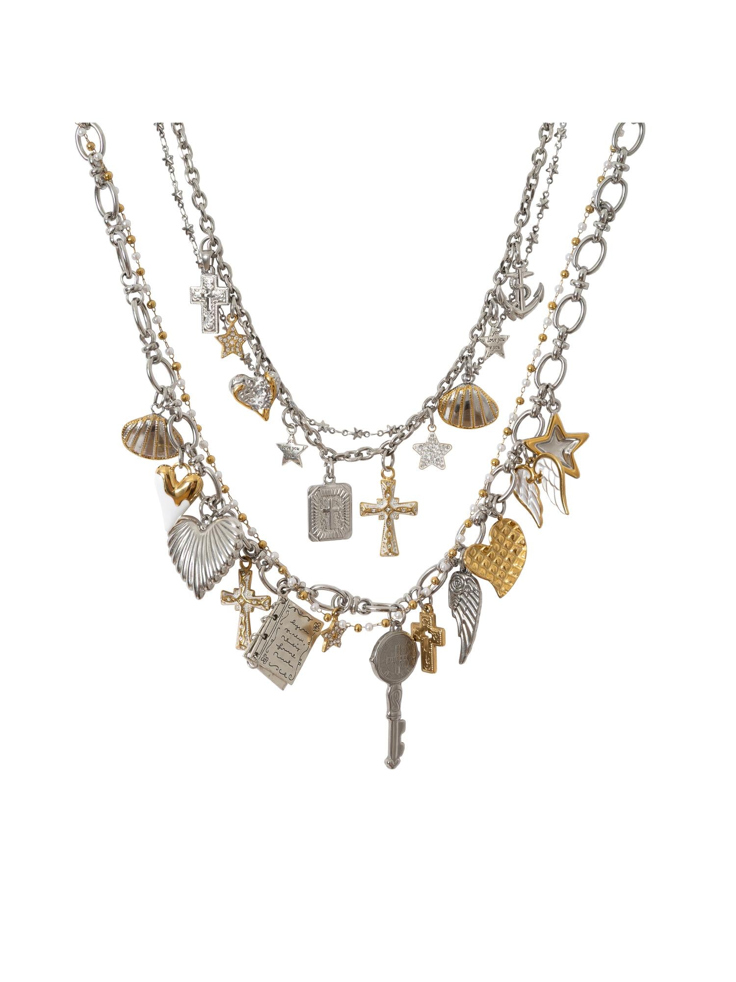 NO ROMANCE Punk Retro Cross Layered Necklace With Heart &amp; Rhinestones