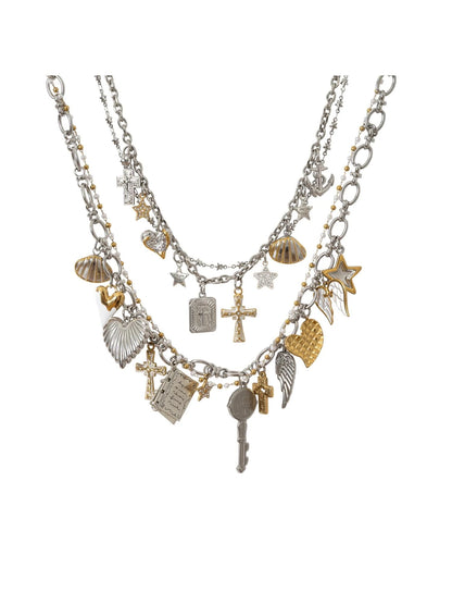Punk Retro Cross Layered Necklace With Heart &amp; Rhinestones