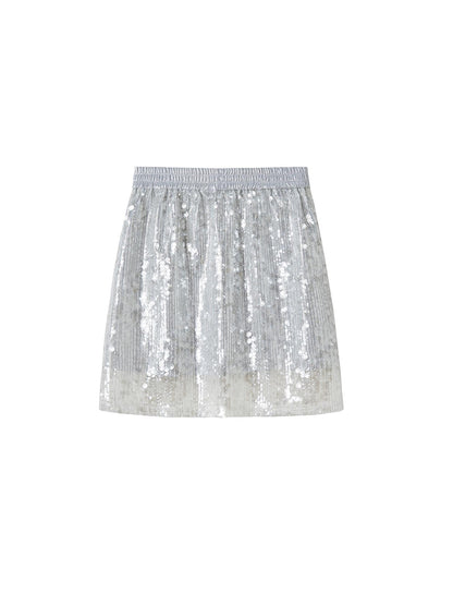 DIDDI MODA Glittering Silver Straight Skirt With Elastic Waist