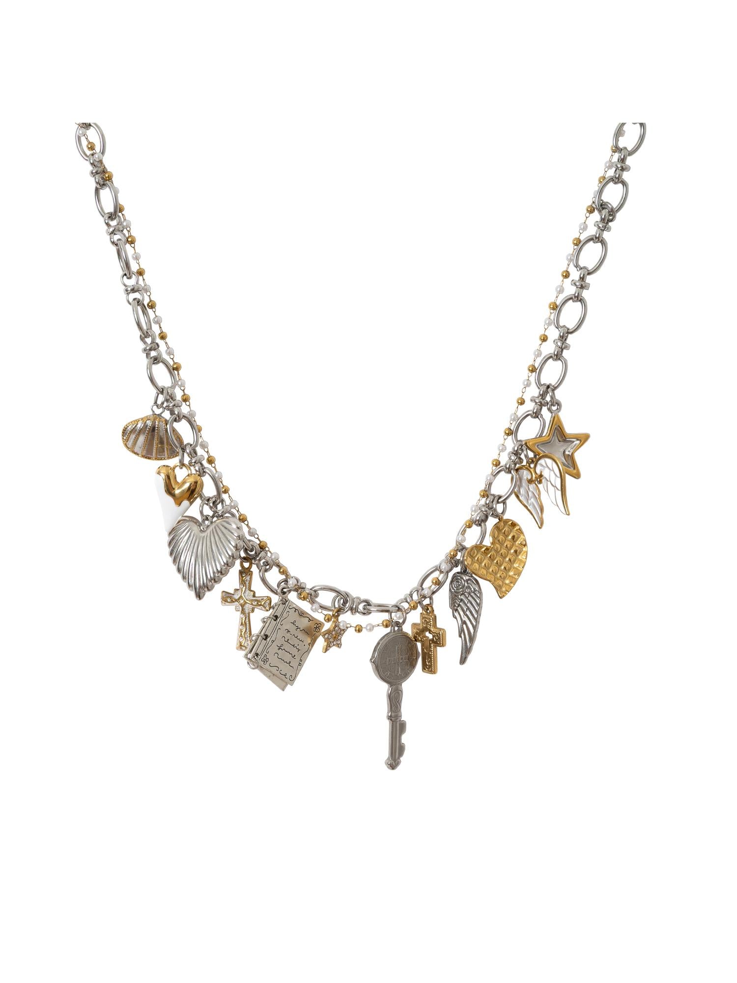NO ROMANCE Punk Retro Cross Layered Necklace With Heart &amp; Rhinestones