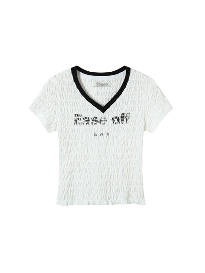 Achihara Summer V Neck Ruffle Cotton Tee