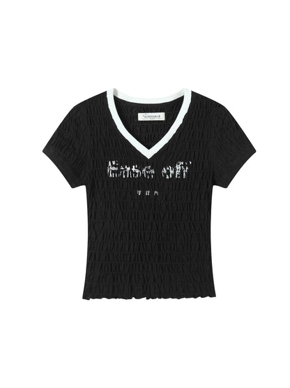 Achihara Summer V Neck Ruffle Cotton Tee
