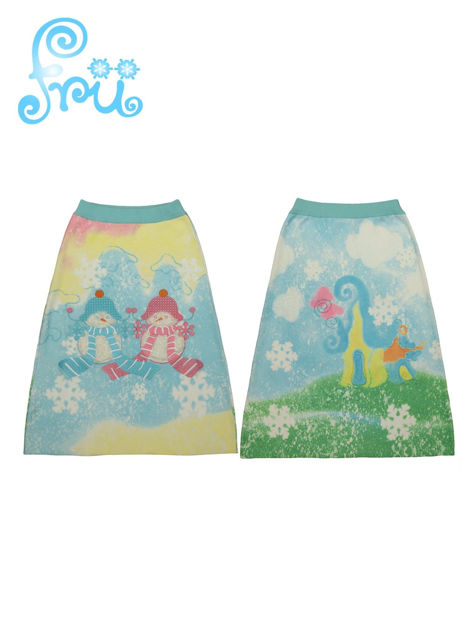 Frufru Gulu Winter Wool Knit Snowman Blue A Line Dress