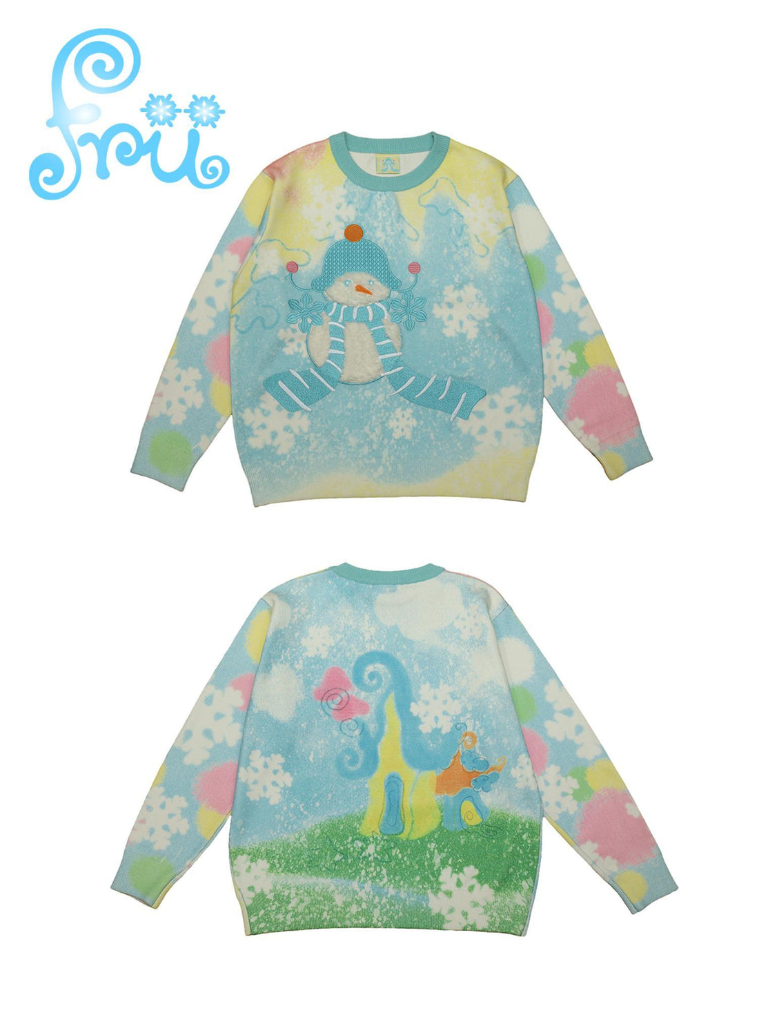 Frufru Gulu Winter Snowman Blue Knit Sweater Loose Fit Cute Original