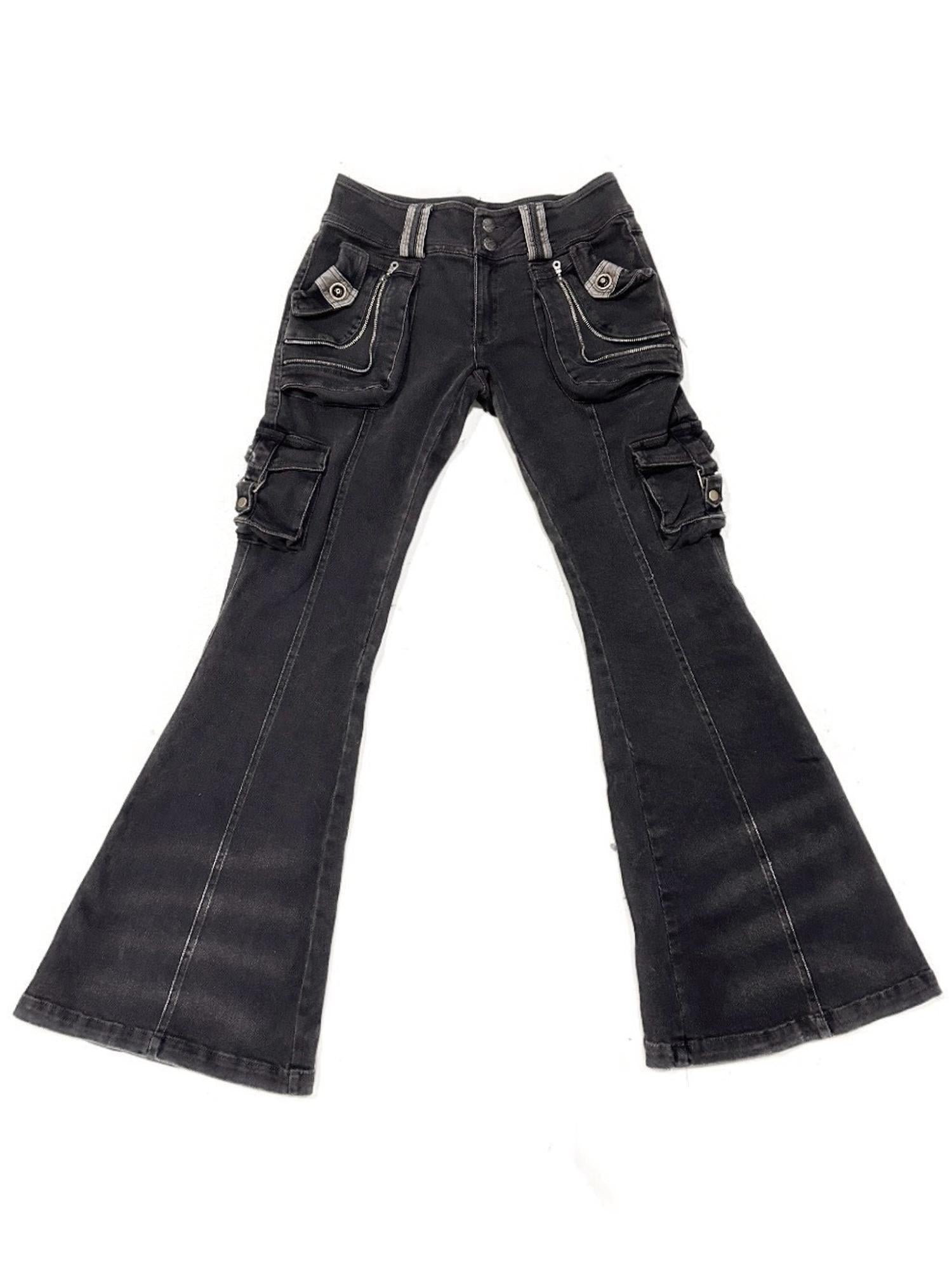 Flowers birds Market Multi-Pocket Vintage Stretch Denim Slim-Fit Flared Trousers