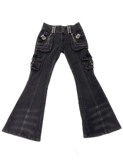 Flowers birds Market Multi-Pocket Vintage Stretch Denim Slim-Fit Flared Trousers