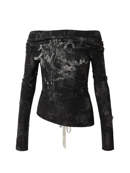 Dark Punk Print Off-Shoulder Long Sleeve Reversible T-Shirt