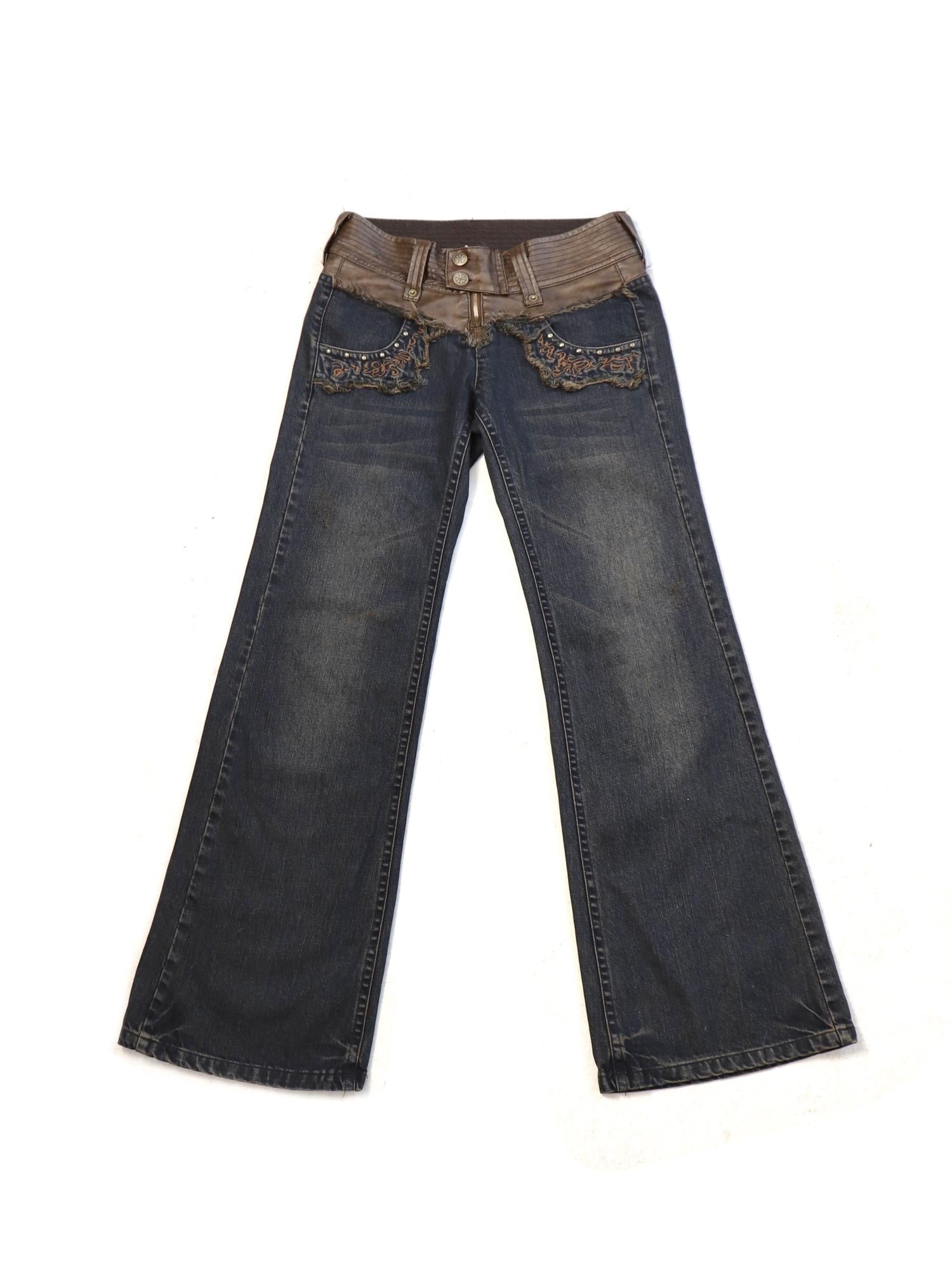 Flowers birds Market Plant Embroidered Leather Panel Washed Trousers