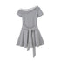DIDDI MODA V Neck Lace Bow Ruffle Knit Dress Asymmetrical Tie Waist A Line Dress