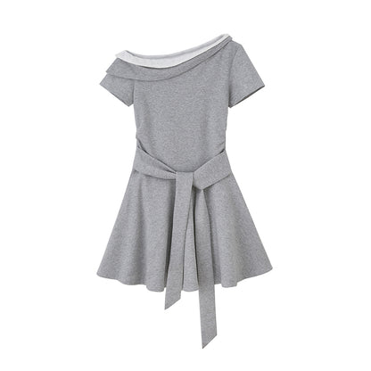 DIDDI MODA V Neck Lace Bow Ruffle Knit Dress Asymmetrical Tie Waist A Line Dress