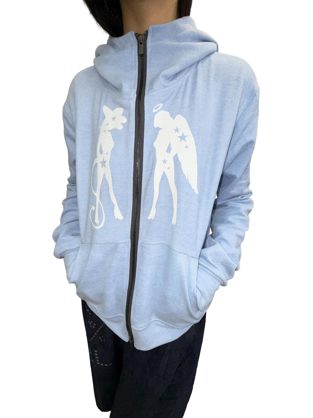 takeabreak Baby Blue Double Zip Mid Collar Silver Girl Print Women&