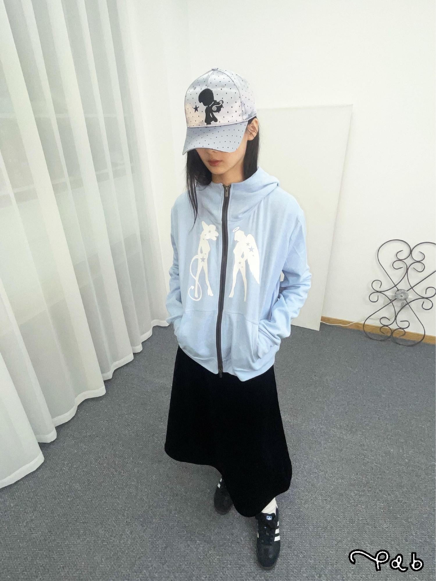 takeabreak Baby Blue Double Zip Mid Collar Silver Girl Print Women&