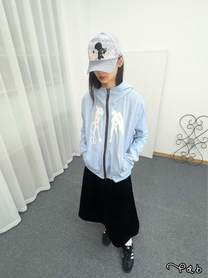 takeabreak Baby Blue Double Zip Mid Collar Silver Girl Print Women&