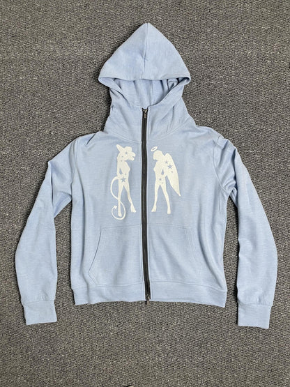 takeabreak Baby Blue Double Zip Mid Collar Silver Girl Print Women&