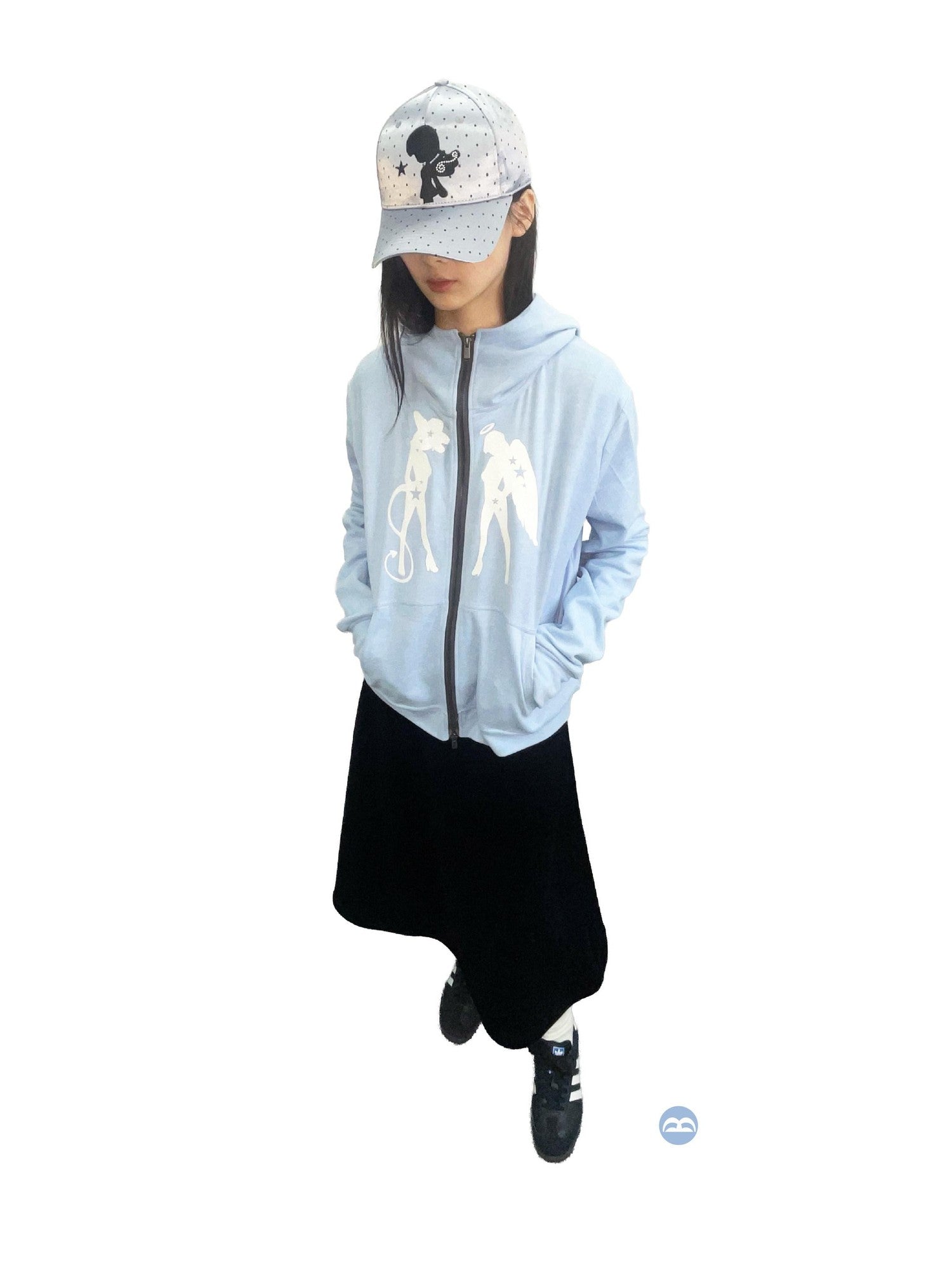 takeabreak Baby Blue Double Zip Mid Collar Silver Girl Print Women&