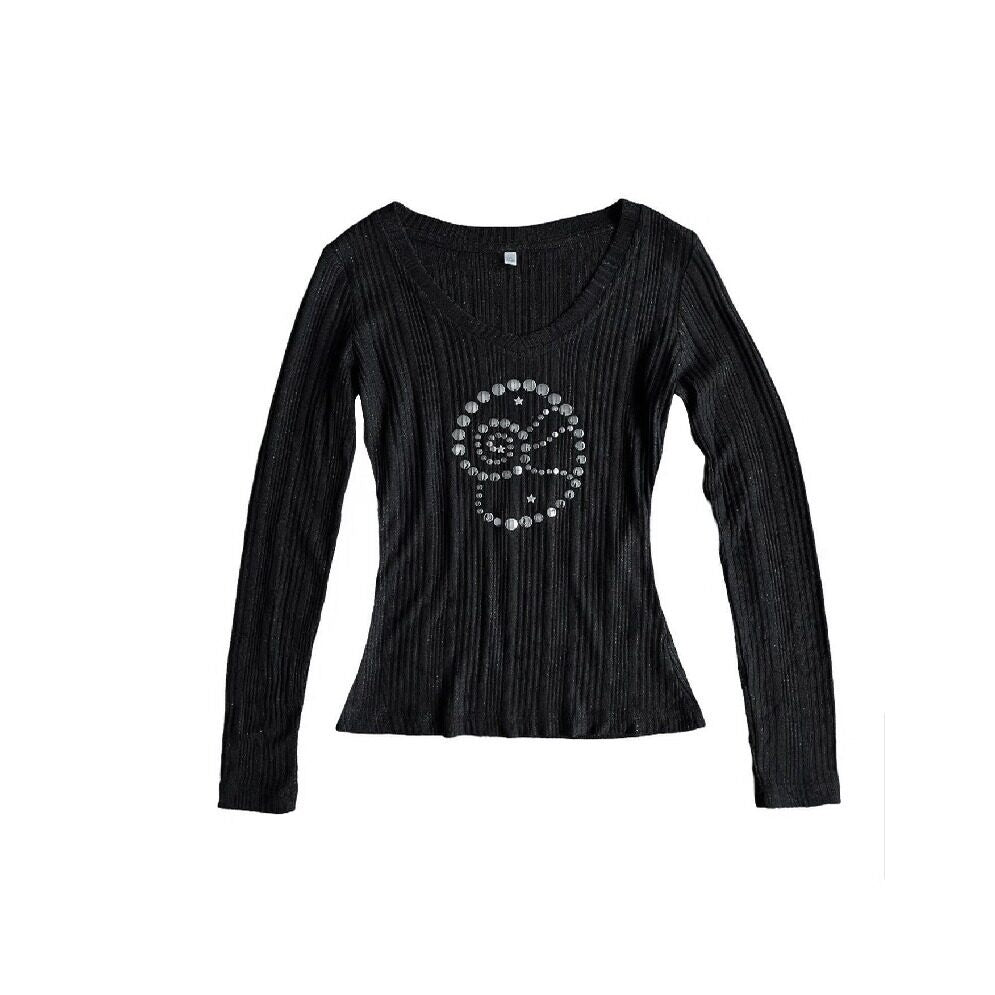 takeabreak_Black_Studded_Conch_Rhinestone_V-neck_Women&