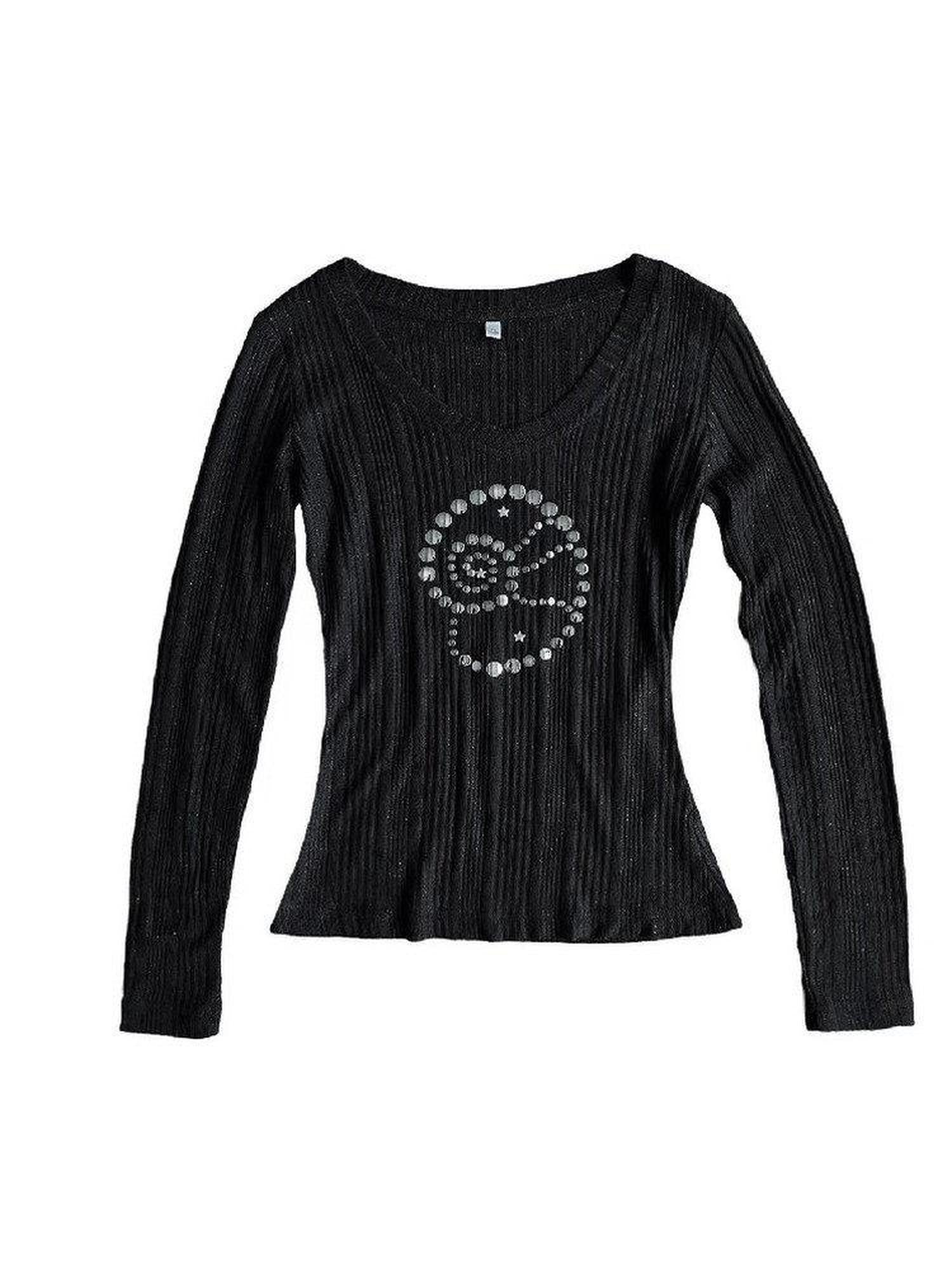 takeabreak Black Studded Conch Rhinestone V-neck Women&