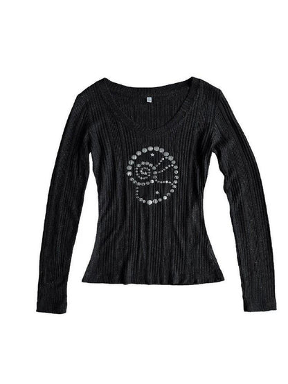 takeabreak Black Studded Conch Rhinestone V-neck Women&