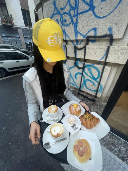 takeabreak Bright Yellow High Crown Heavy 3D Coin Embroidery Women&